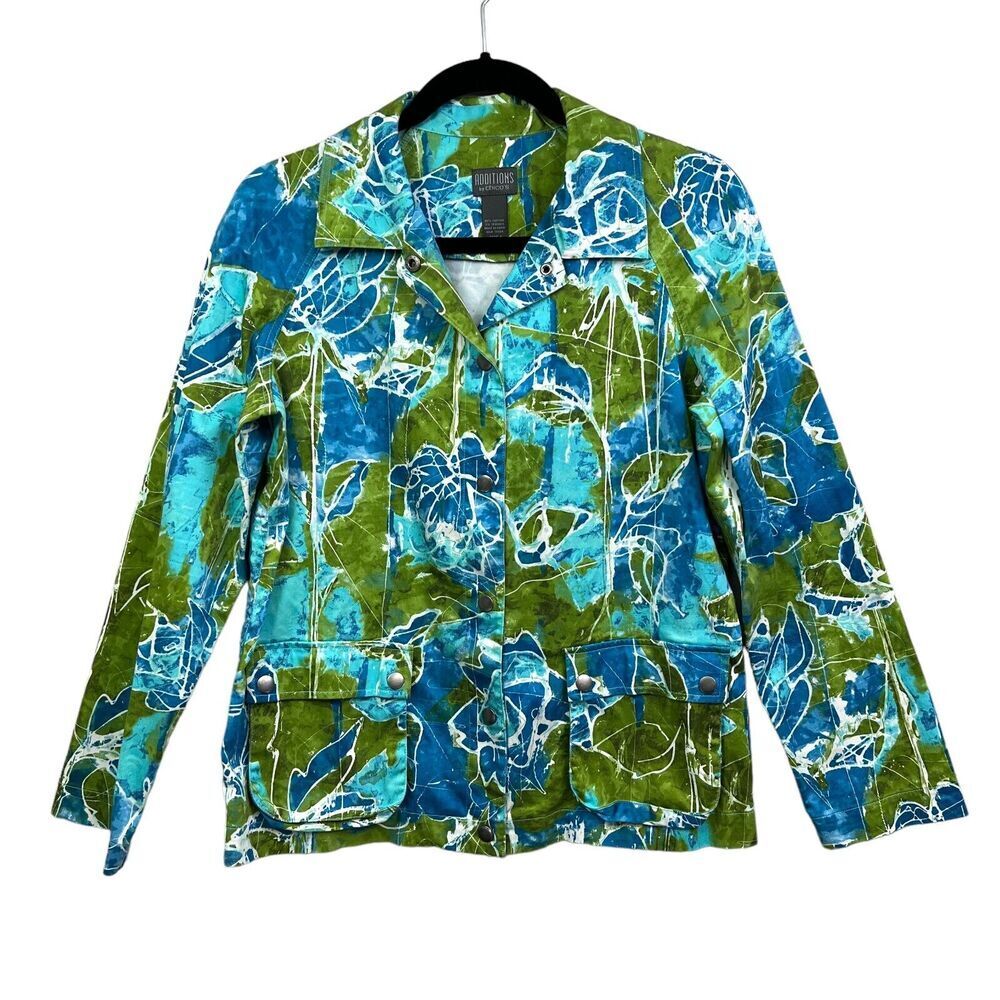 Chico's Additions Womens Floral Jacket Collared Flap Pockets Snap Front Teal 1*